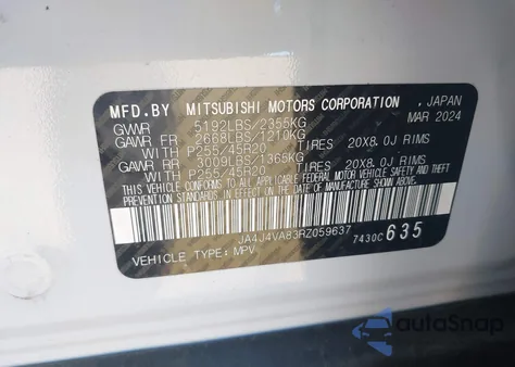 2024 Mitsubishi Outlander Se 2.5 S-Awc/Se Black Edition S-Awc/Se Black Edition W/Pano Roof S-Awc/Se Ralliart S-Awc из США, поврежденный, VIN JA4J4VA83RZ059637